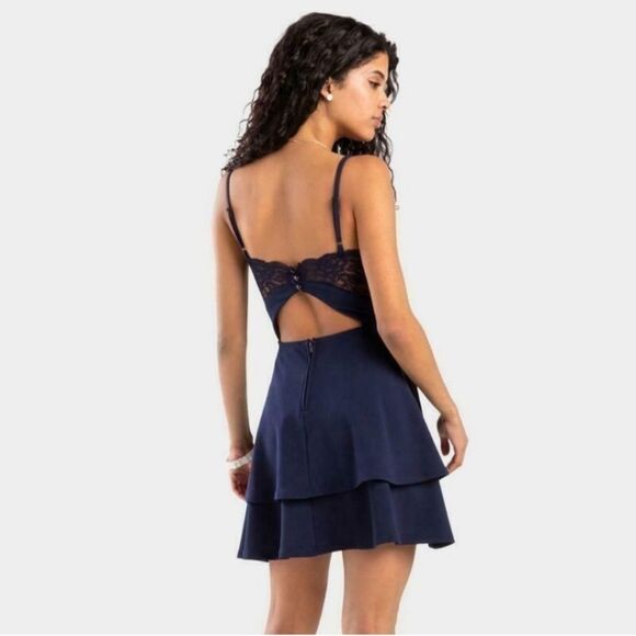 Altar'd State Hampton Skater Dress Navy Open Lace Back Two Tiered Skirt Small - Picture 6 of 13
